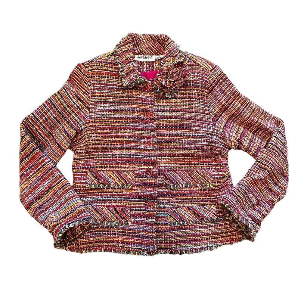 Vintage Anage Pink Colorful Tweed Blazer Jacket Size Large Rainbow Flower Fringe - Picture 4 of 15